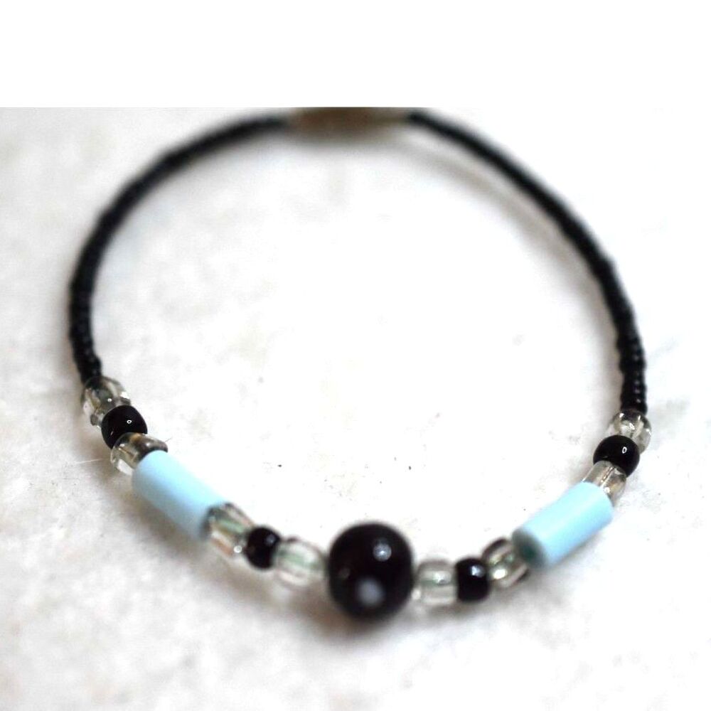 Vintage Beach Surfer Casual Unisex Black/Blue Beaded Barrel Clasp Bracelet